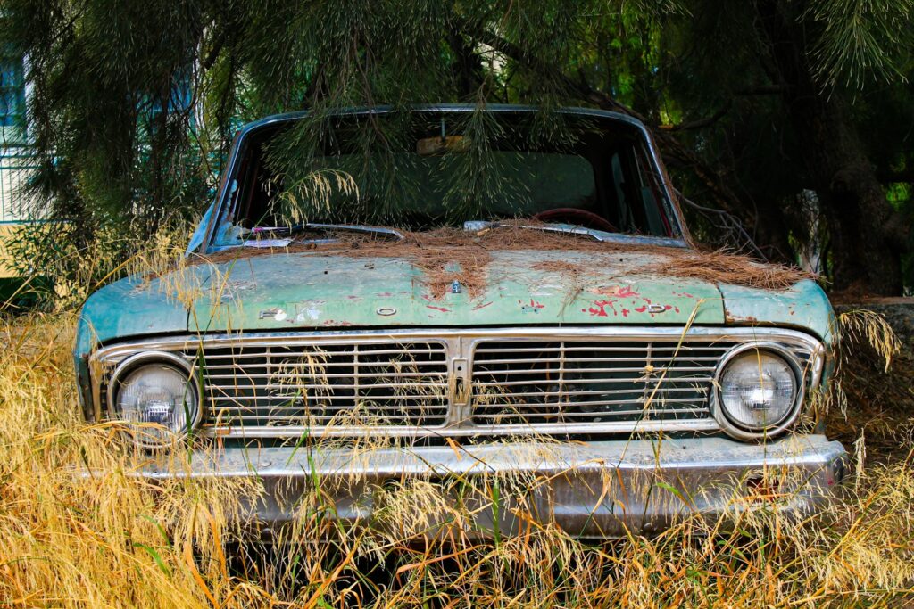 A well-aged car resting in tall prairie grass