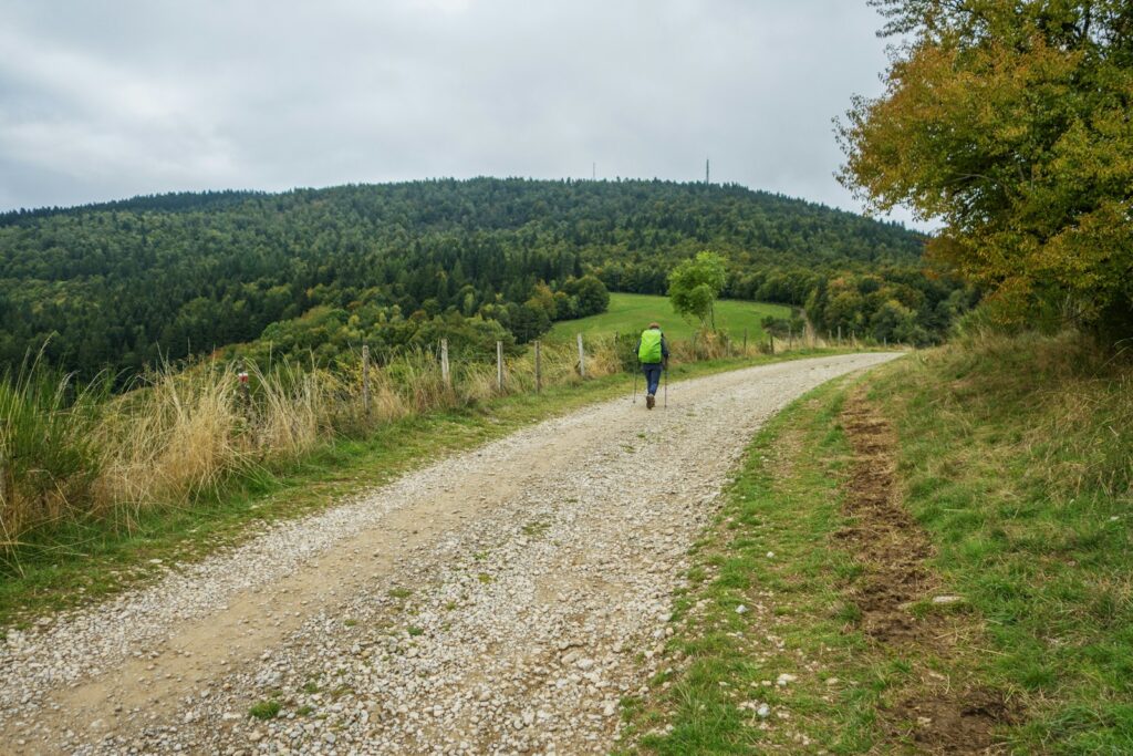 A walking trail through rolling grass hills